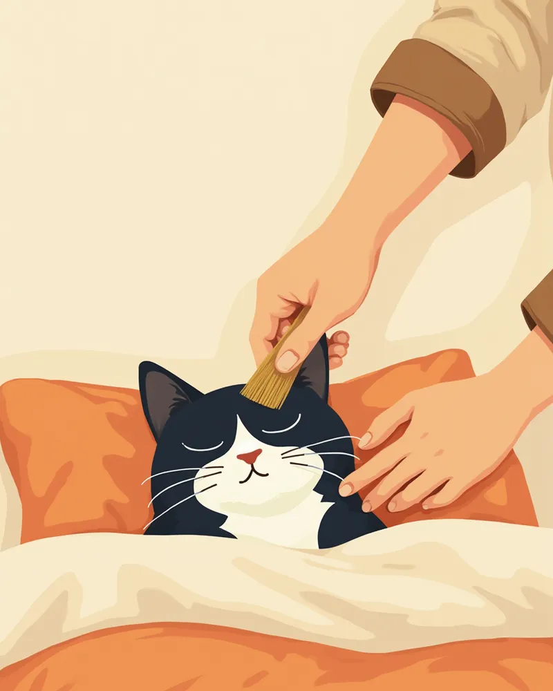 침대 위에서 보호자가 턱시도 고양이를 빗질해 주는 모습