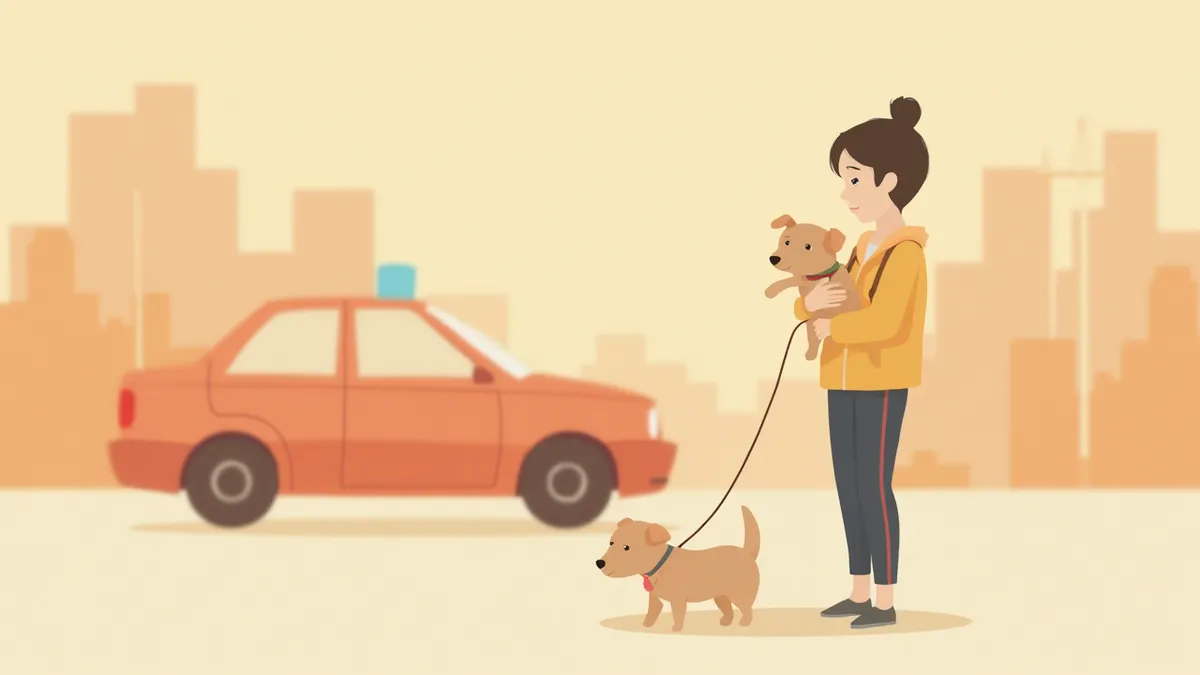 도시 거리에서 보호자가 다친 강아지를 안고 있는 모습