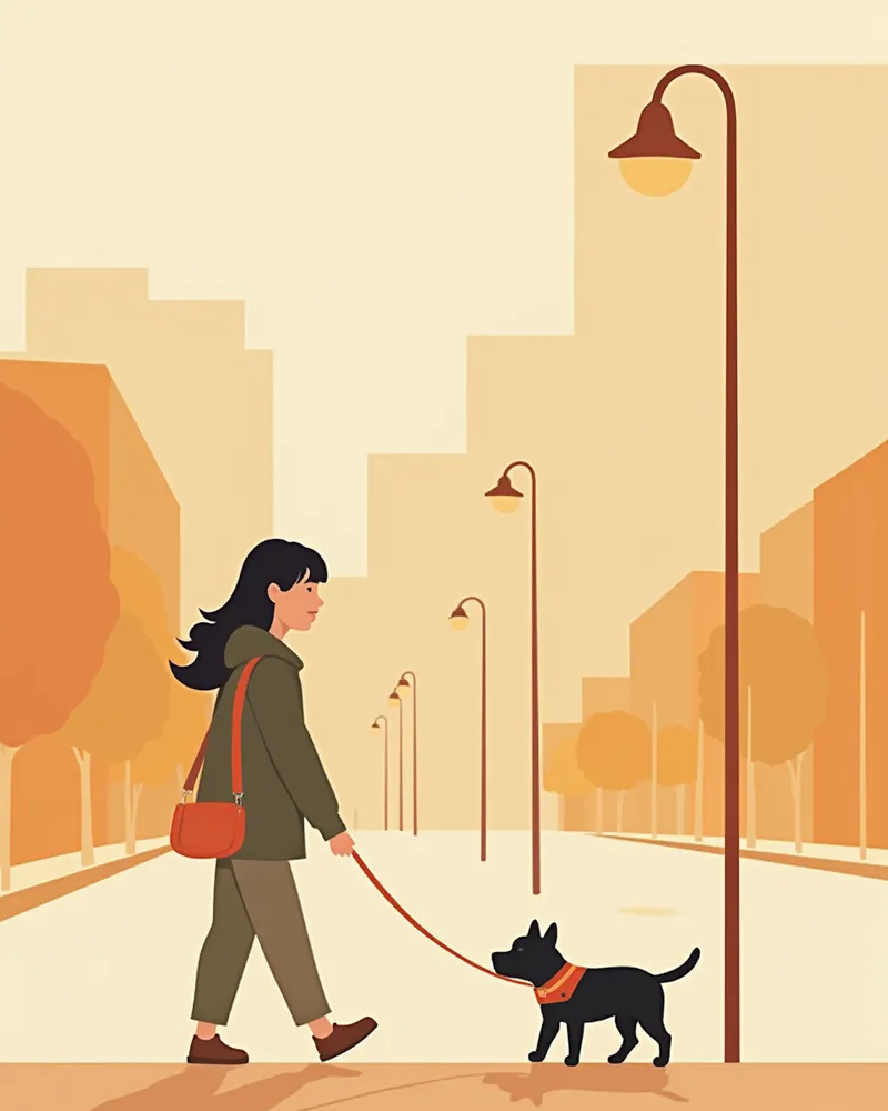 저녁에 반사 조끼를 입은 강아지와 함께 도심 인도에서 산책하는 보호자