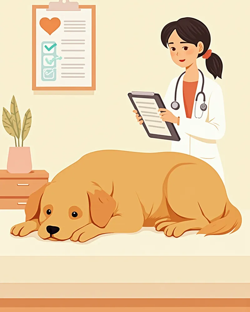 수의사가 검사 결과를 확인하는 동안 대기하는 반려견