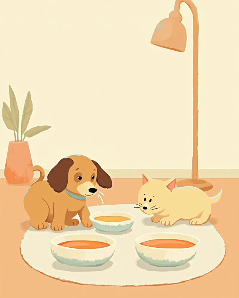 여러 곳에 놓인 물그릇에서 물을 마시는 반려동물