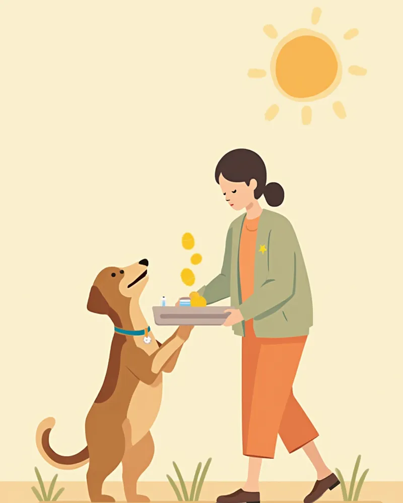 보호자가 아침에 강아지 소변을 받는 모습