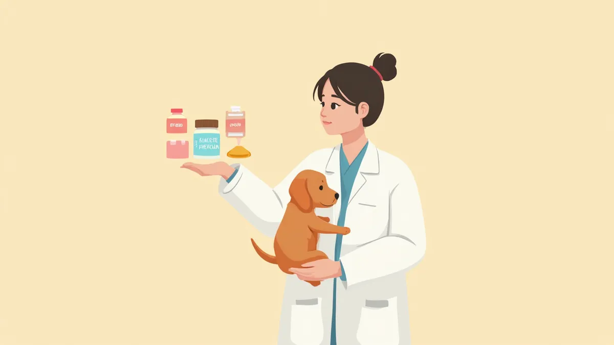 수의사가 강아지에게 백신을 접종하며 세 가지 백신을 보여주는 모습