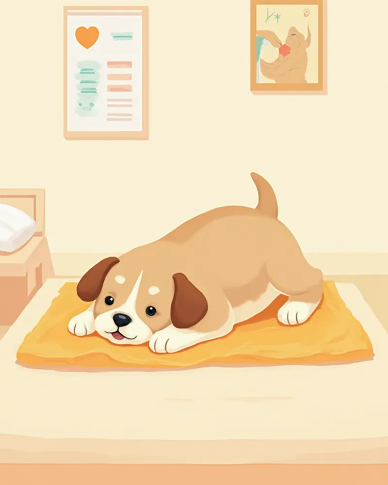 수의사가 강아지를 건강검진하며 접종 기록을 확인하는 모습