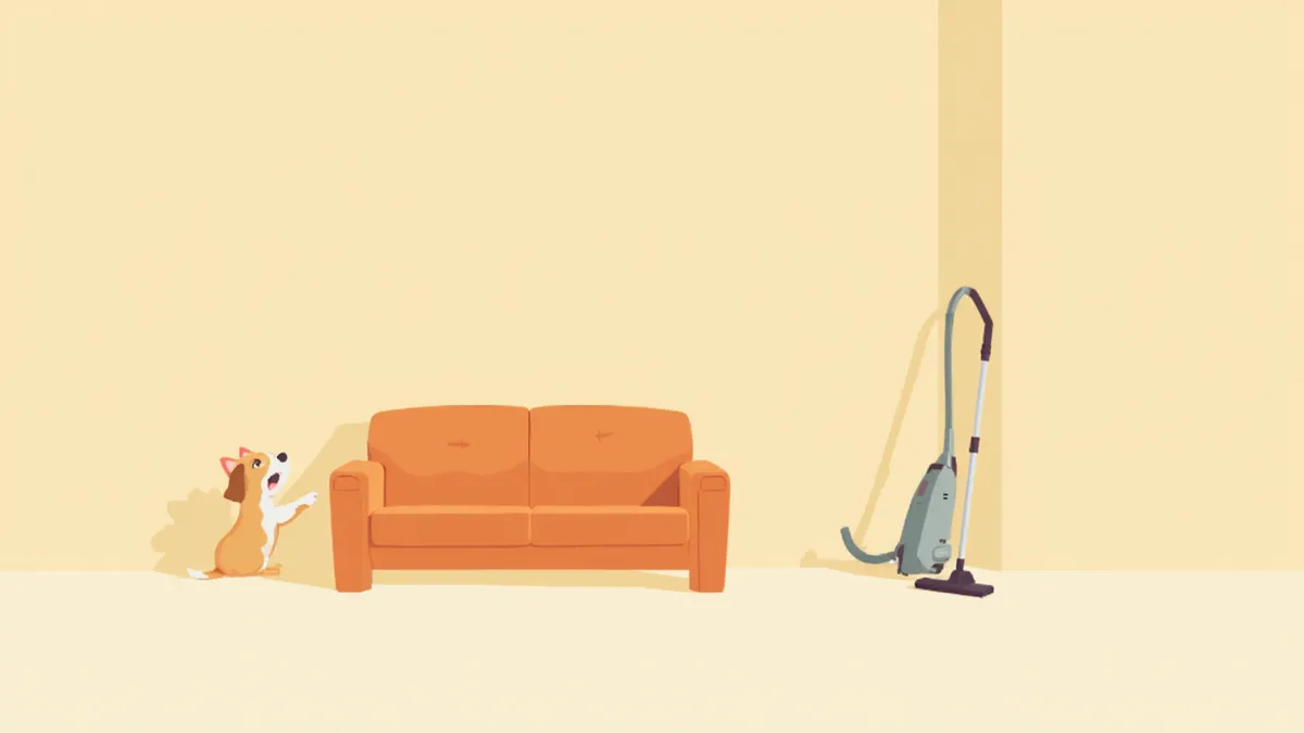 청소기를 경계하며 소파 뒤에서 고개를 내민 강아지