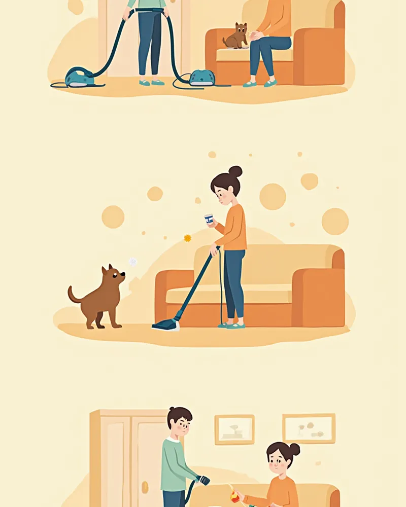 간식을 손에 들고 청소기 둔감화 훈련을 단계별로 진행하는 보호자와 강아지