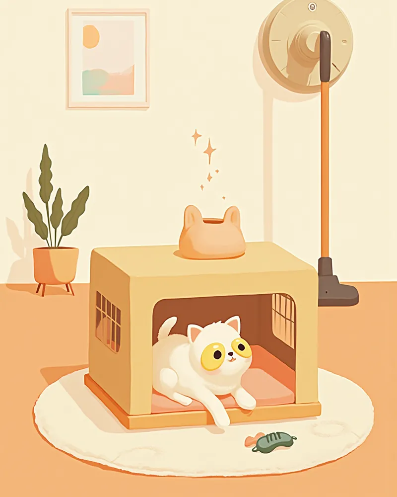 담요와 장난감이 놓인 강아지 전용 안전 공간과 조용한 로봇청소기