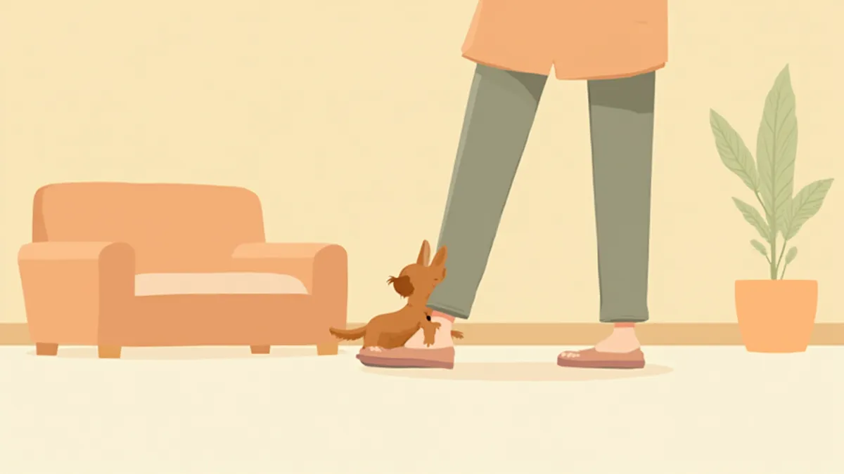 보호자 다리 뒤에서 조심스럽게 병원 대기실을 살피는 강아지