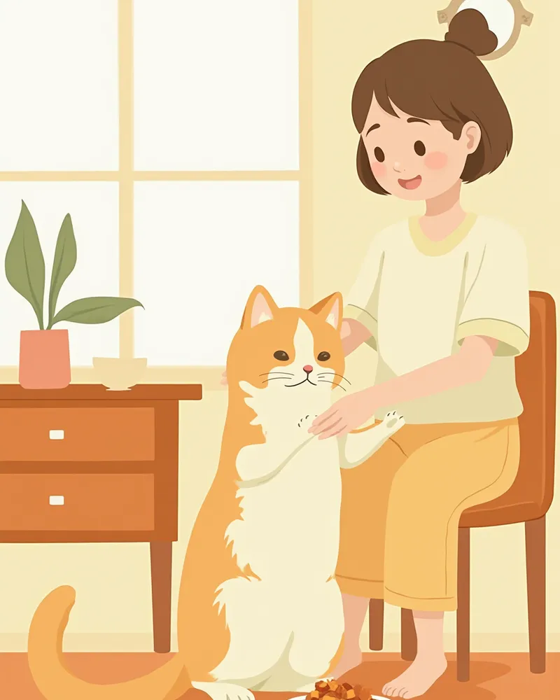 집에서 고양이 발을 부드럽게 만지며 간식으로 보상하는 보호자