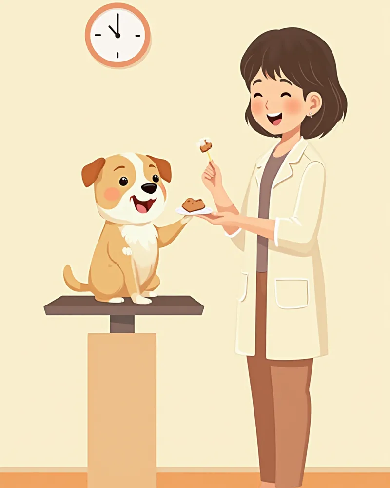 동물병원 체중계에 올라가 간식을 받는 강아지