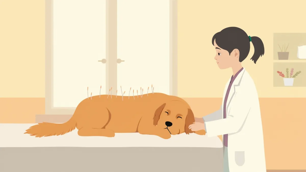 편안하게 누워 침 치료를 받는 강아지