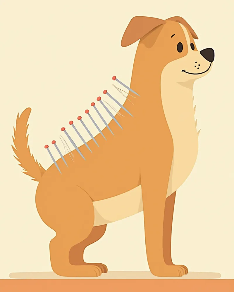 허리와 엉덩이 부위에 침 치료를 받는 강아지 클로즈업