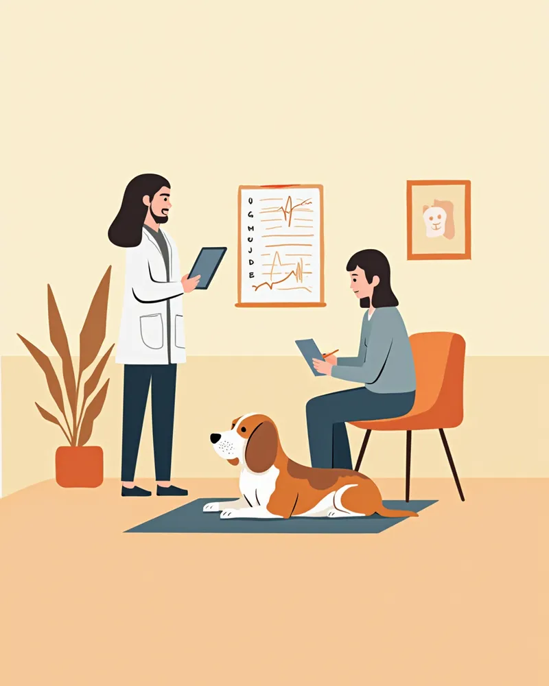 행동 전문의가 보호자와 문진표를 검토하며 강아지 행동을 평가하는 장면