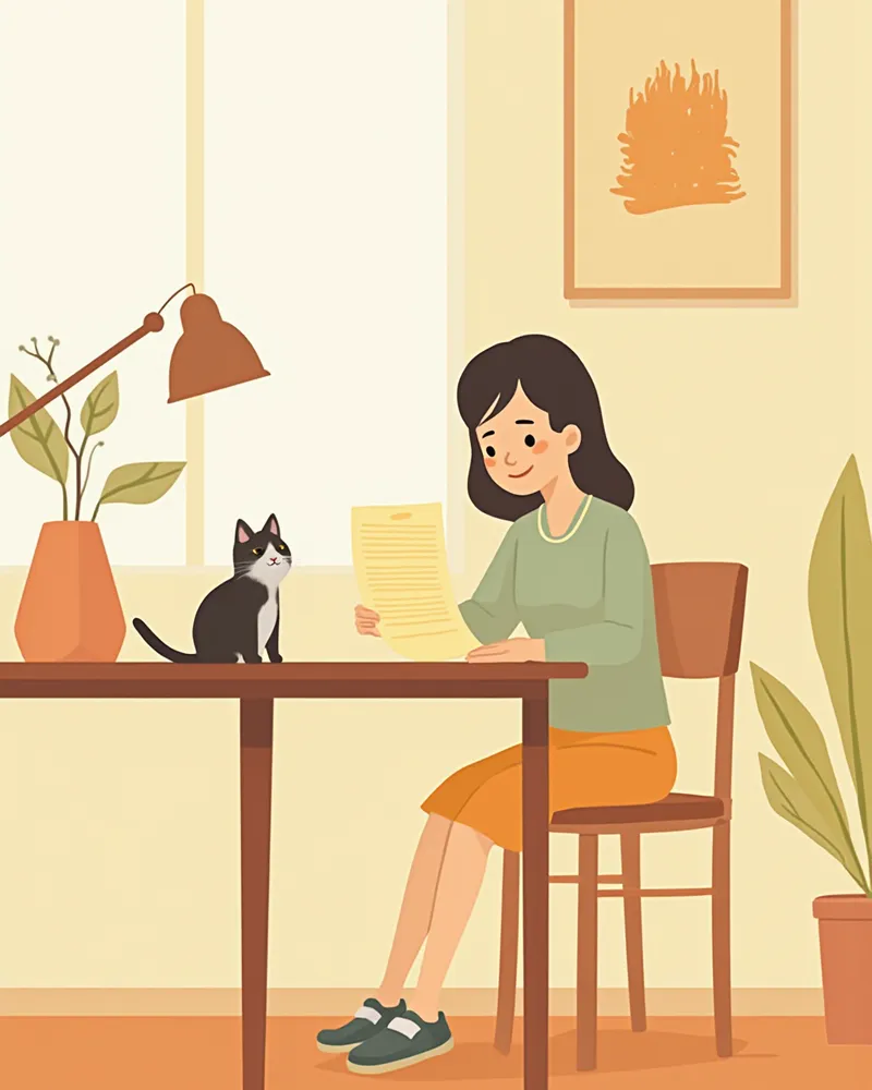 펫보험 서류를 확인하는 보호자와 옆에 앉은 고양이