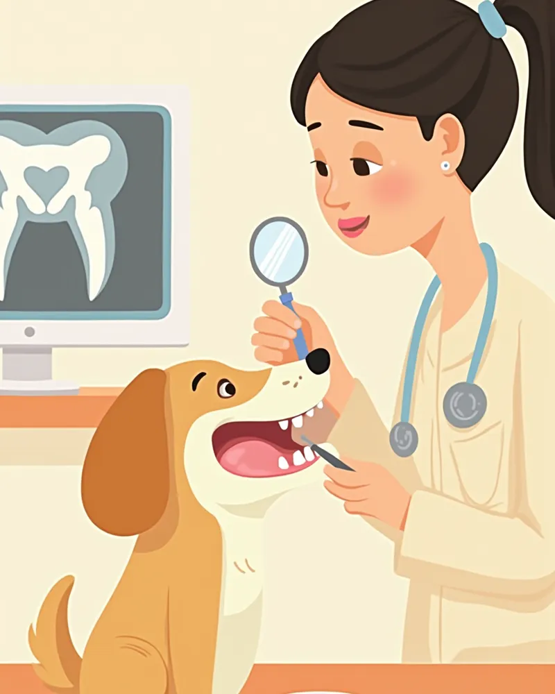 수의사가 치과 도구로 강아지 이빨을 검사하는 모습