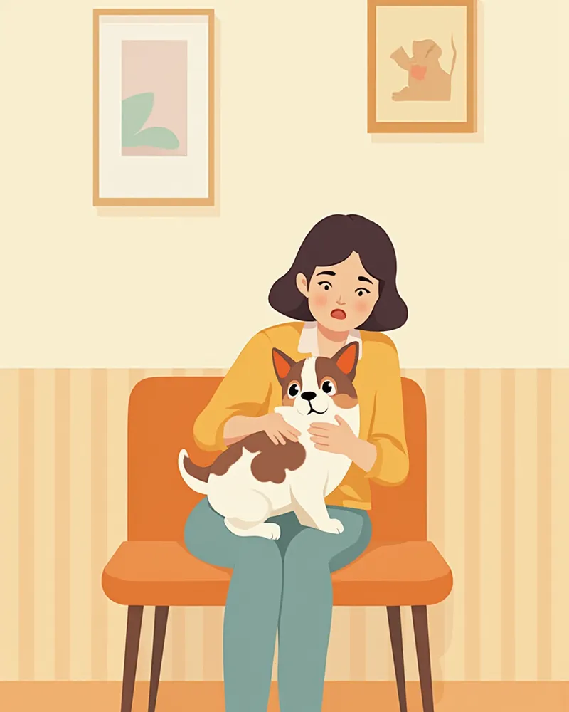 피부 문제가 반복되는 강아지를 안고 있는 보호자