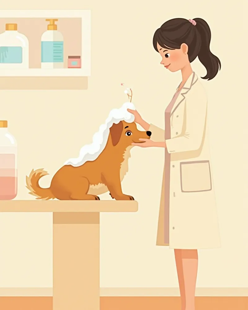 피부과 전문의의 약용 샴푸 처치를 받는 강아지