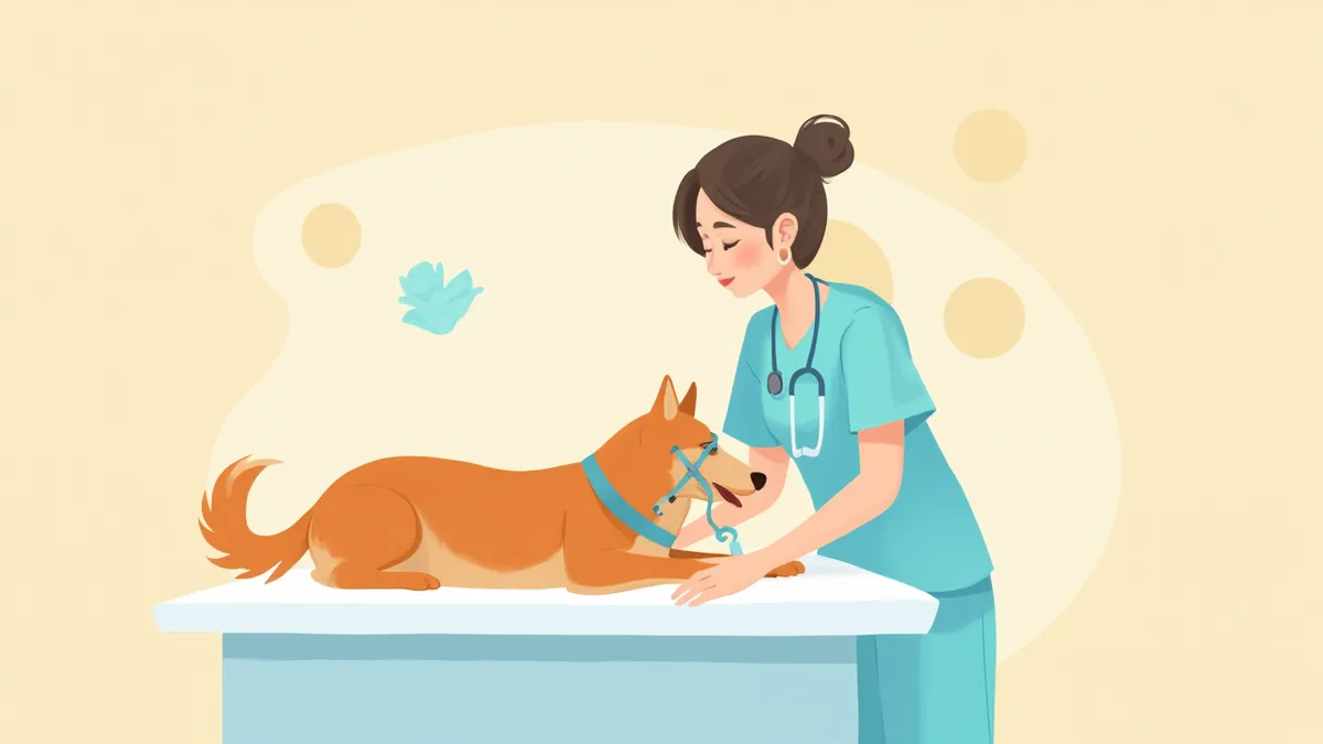 응급의학 전문의가 산소 마스크를 쓴 강아지의 활력 징후를 확인하는 모습