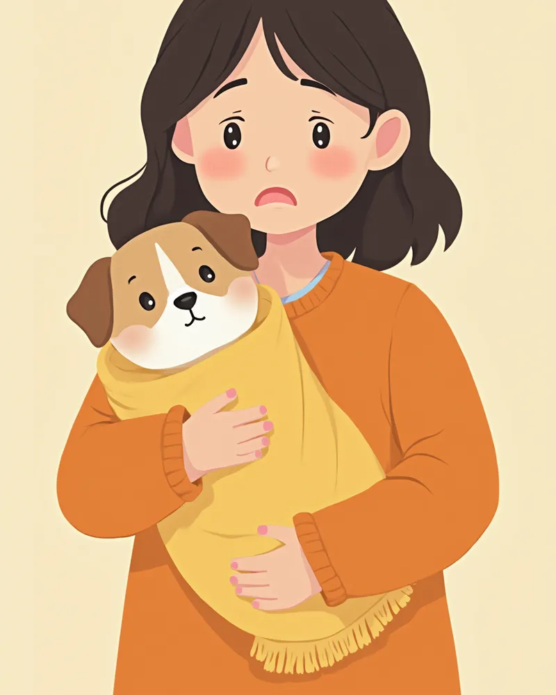 보호자가 담요에 감싼 강아지를 안고 응급 동물병원으로 들어가는 모습