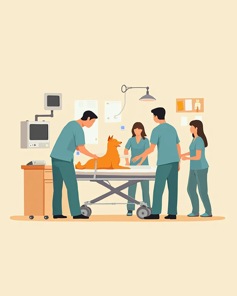 응급의학 의료진이 강아지의 상태를 긴급하게 평가하는 트리아지 장면