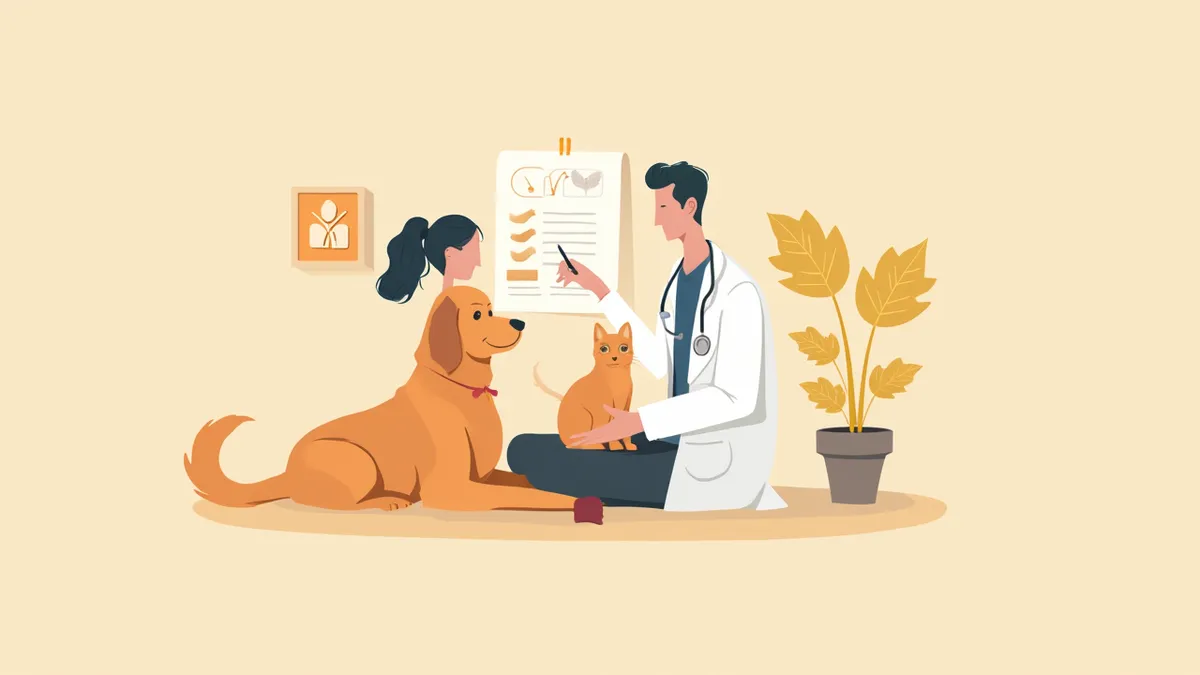 동물병원에서 수의사가 보호자에게 차트를 보며 설명하는 모습