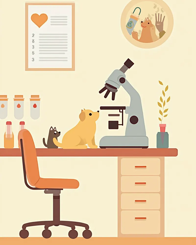 수의 실험실의 현미경과 혈액 샘플 튜브