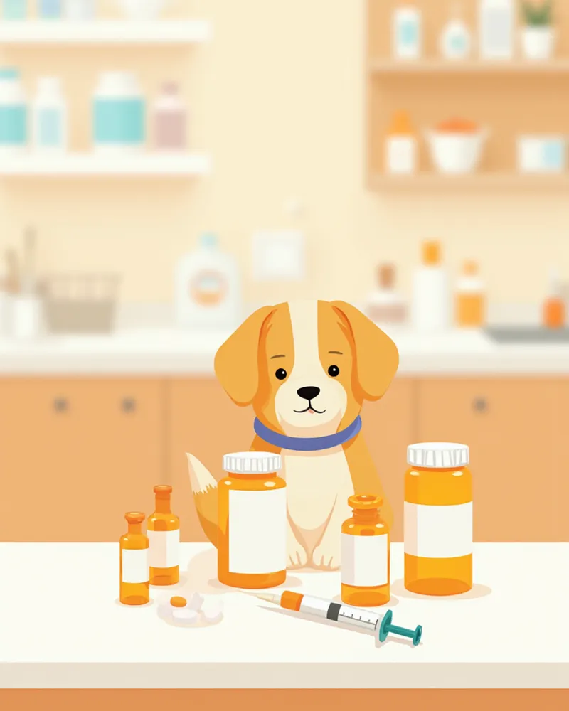 수의 처방약 병과 알약이 놓인 깔끔한 진료대