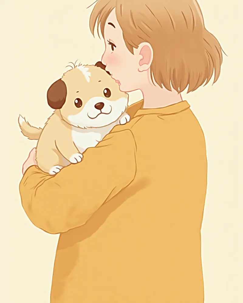 머리를 기울인 강아지를 걱정스럽게 안고 있는 보호자