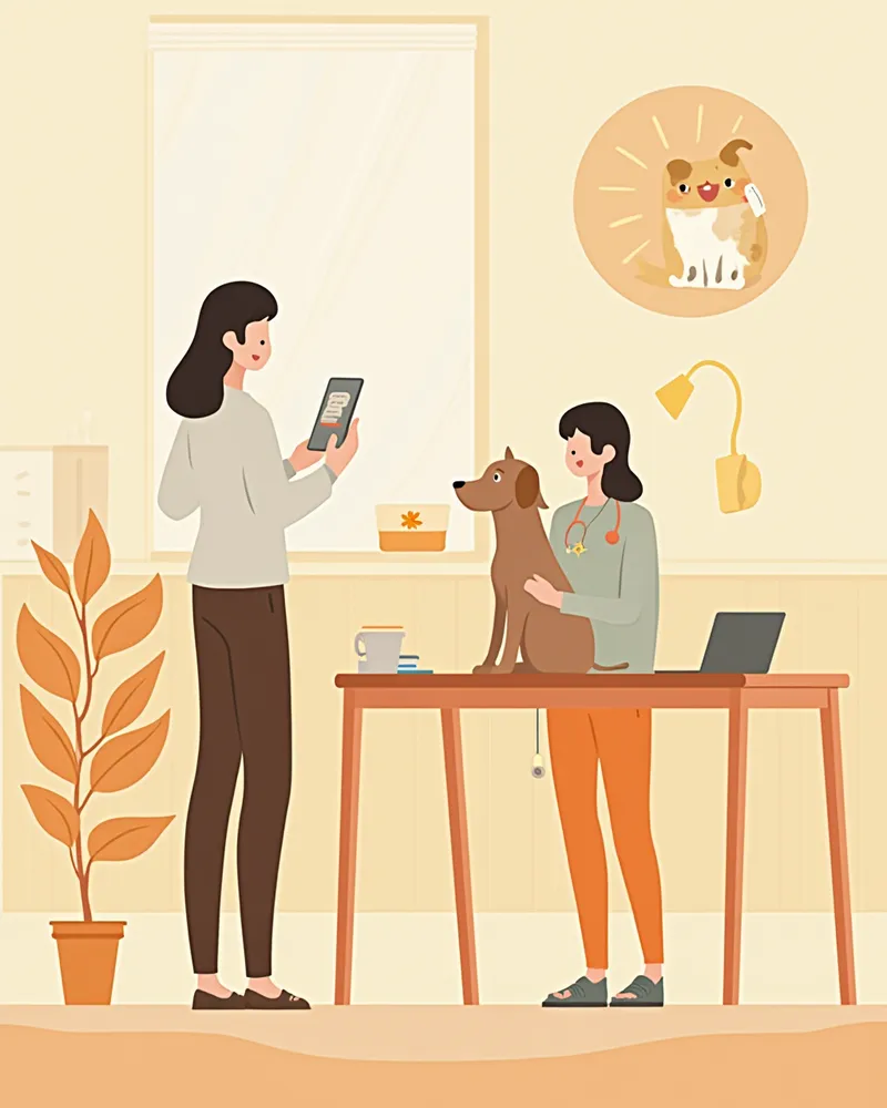 강아지 증상을 휴대폰으로 촬영하고 진료 기록을 준비하는 보호자