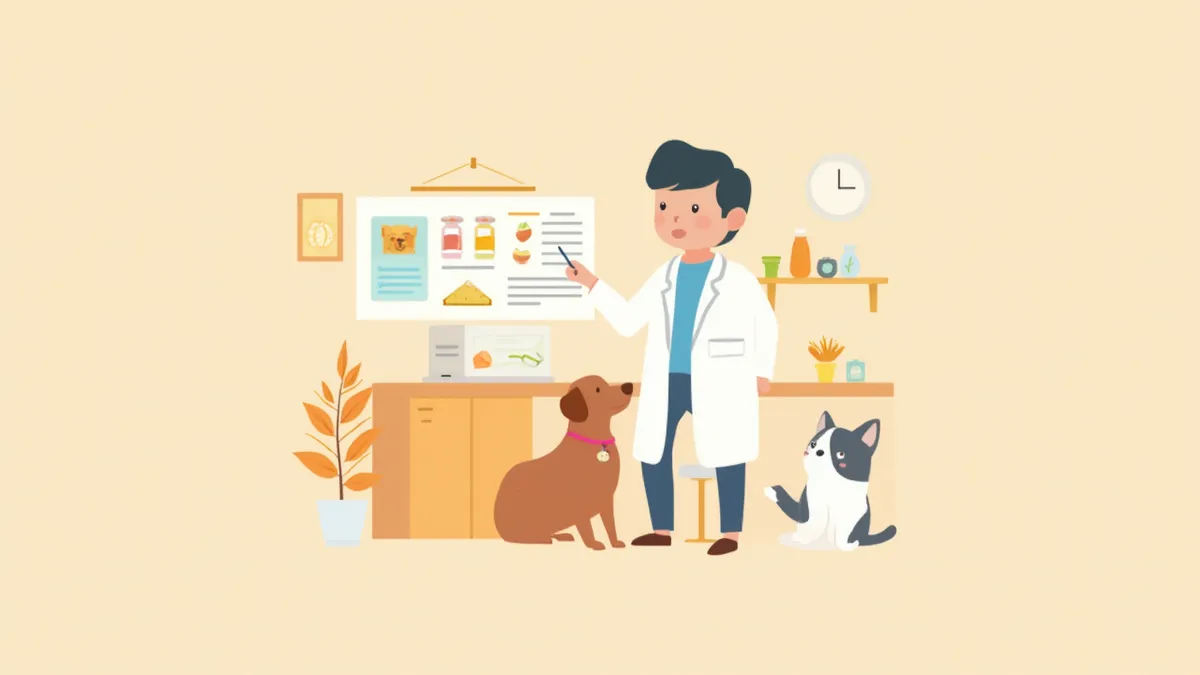 동물영양사가 진료실에서 강아지와 고양이의 식단을 검토하는 모습