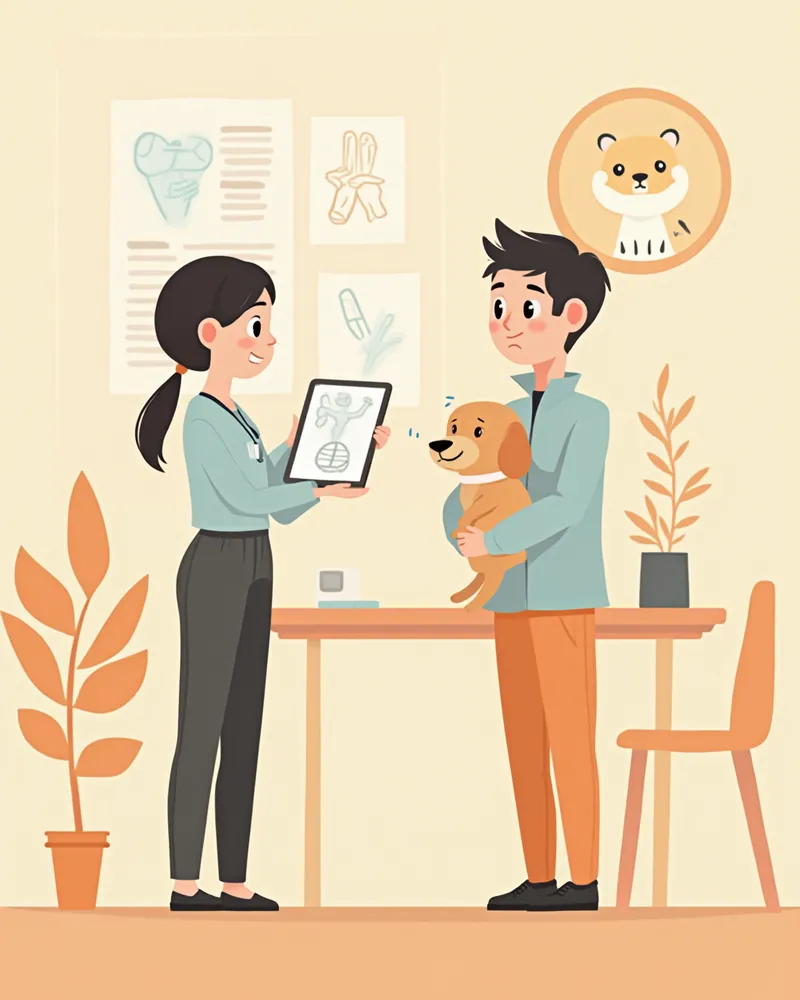 종양과 전문의가 보호자에게 치료 옵션을 설명하는 모습