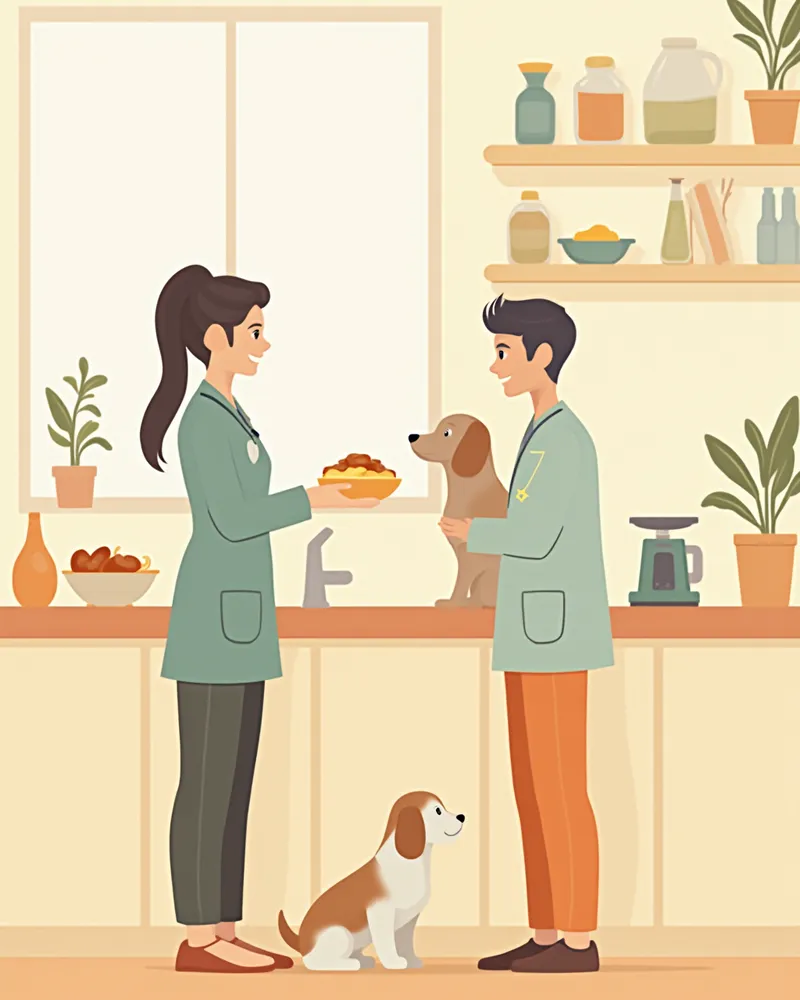 수의사가 강아지 보호자에게 사료 급여량을 설명하는 모습