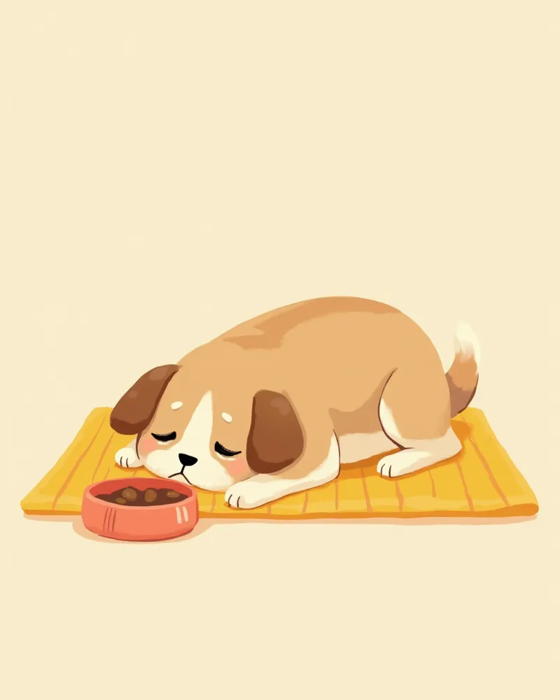 무기력해 보이는 강아지와 사료 그릇