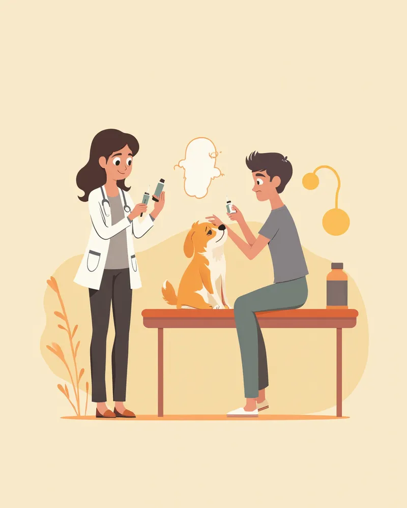 수의사가 보호자에게 영양제를 설명하는 모습