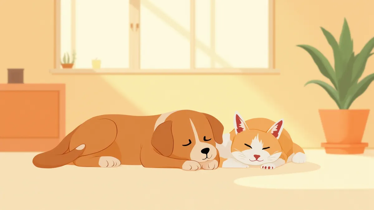 햇살이 드는 거실에서 건강한 강아지와 고양이가 나란히 쉬고 있는 모습