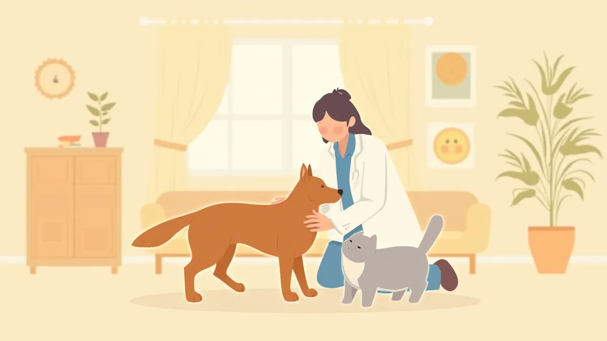 보호자가 강아지와 고양이의 건강 상태를 살펴보는 모습