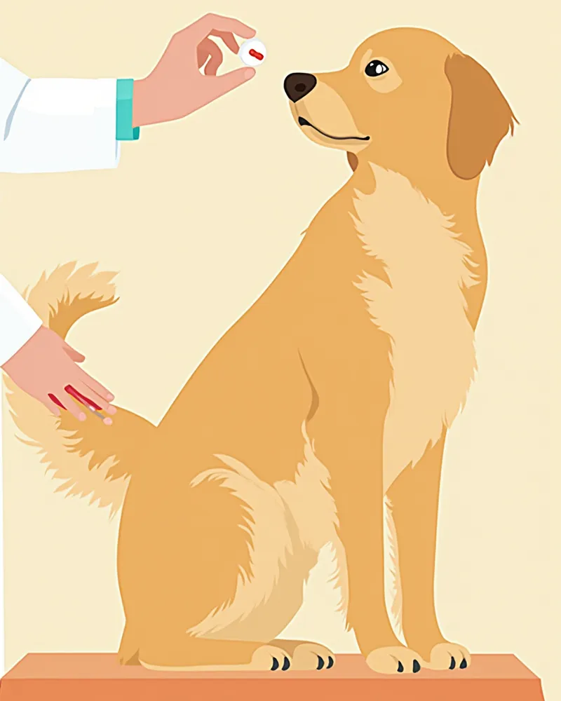 수의사가 강아지에게 비타민E 영양제를 보여주는 이미지