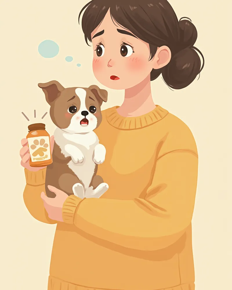 보호자가 강아지를 안고 영양제 라벨을 확인하는 이미지