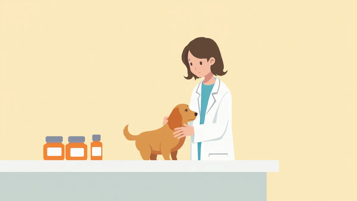 영양제를 앞에 두고 강아지를 진찰하는 수의사