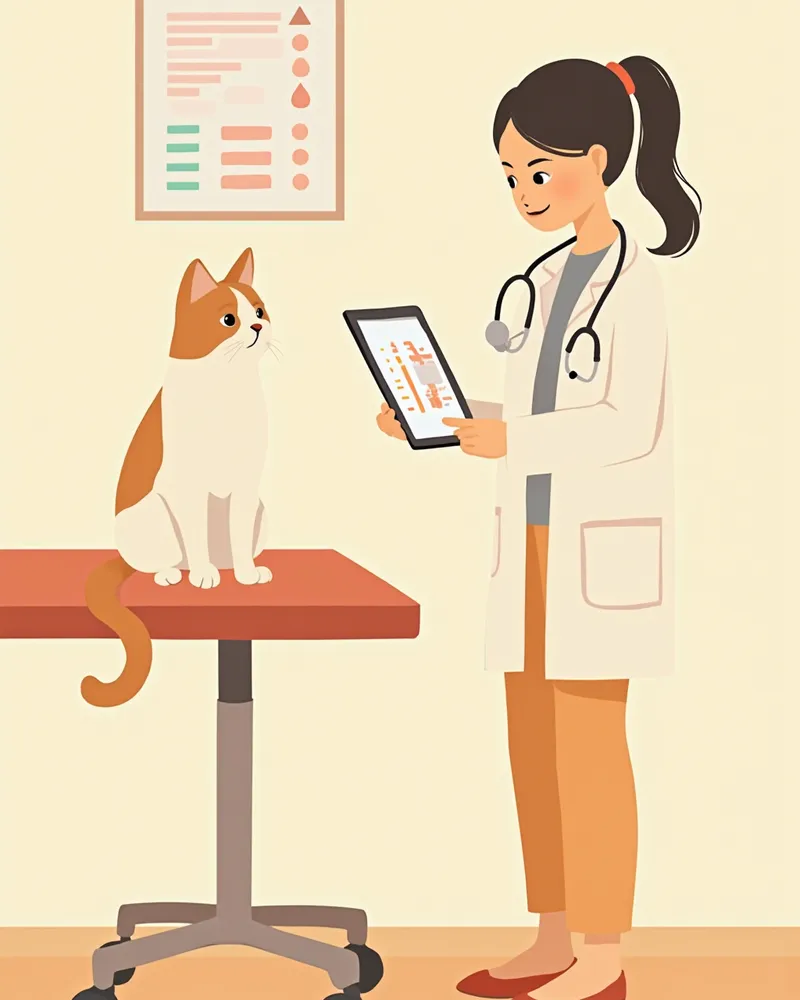 혈액검사 결과를 확인하는 수의사와 진료대 위의 고양이