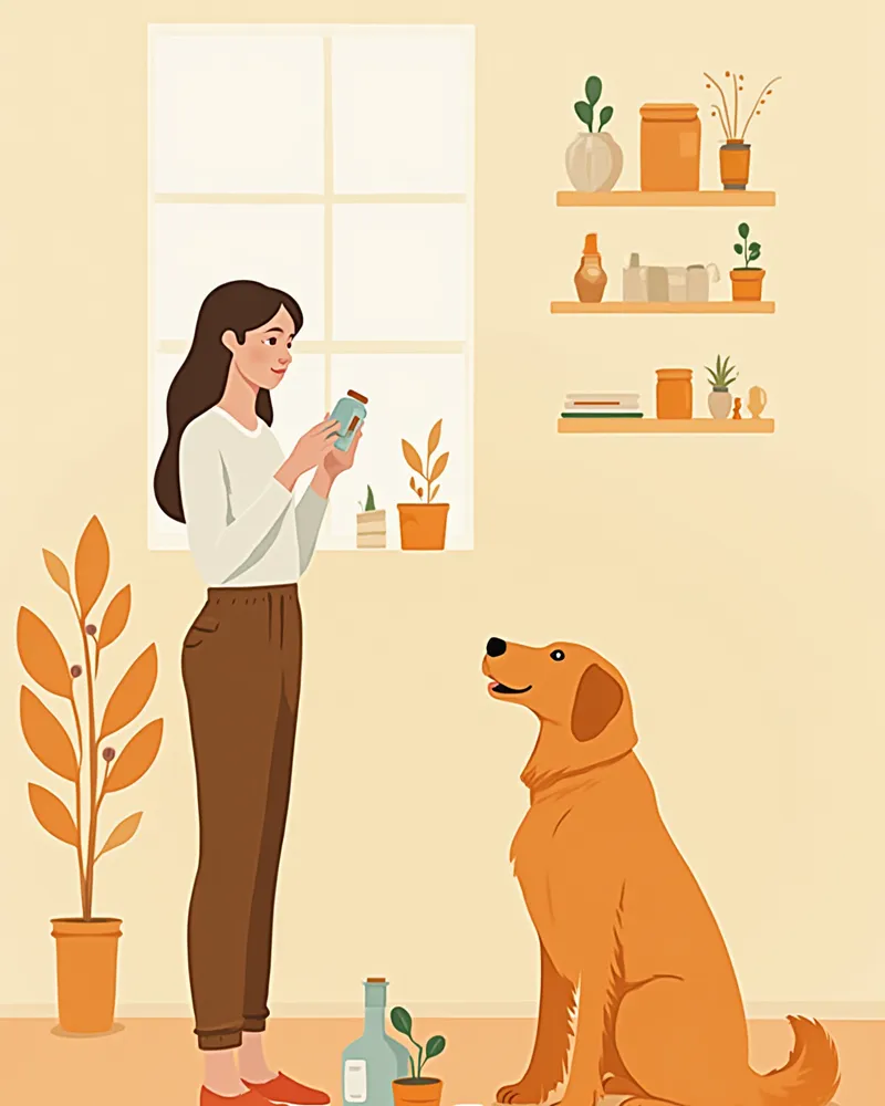 영양제 라벨을 꼼꼼히 확인하는 보호자와 옆에 앉은 골든리트리버