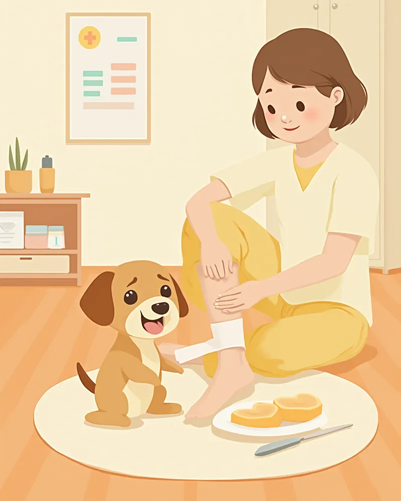 강아지 다리에 붕대를 감는 모습