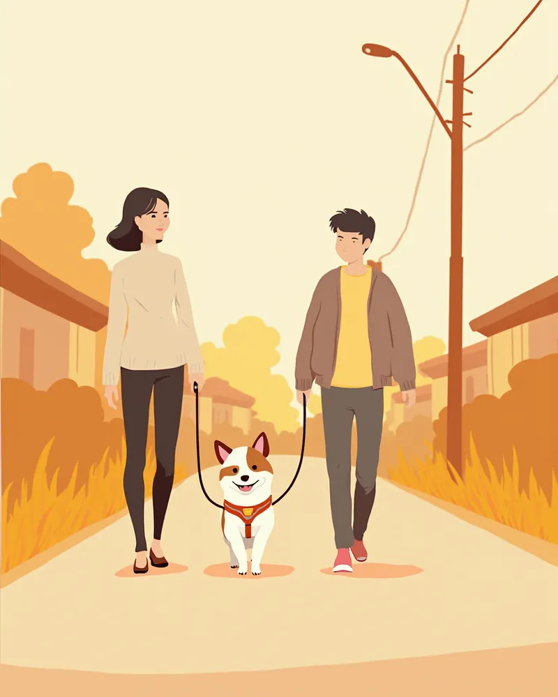 안전 장비를 갖추고 산책하는 강아지