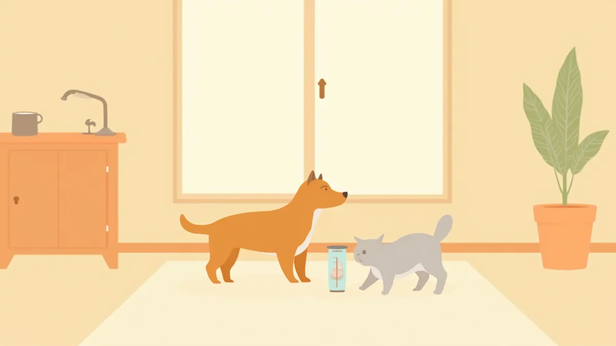 계량 표시가 있는 물그릇 옆에 서 있는 강아지와 고양이