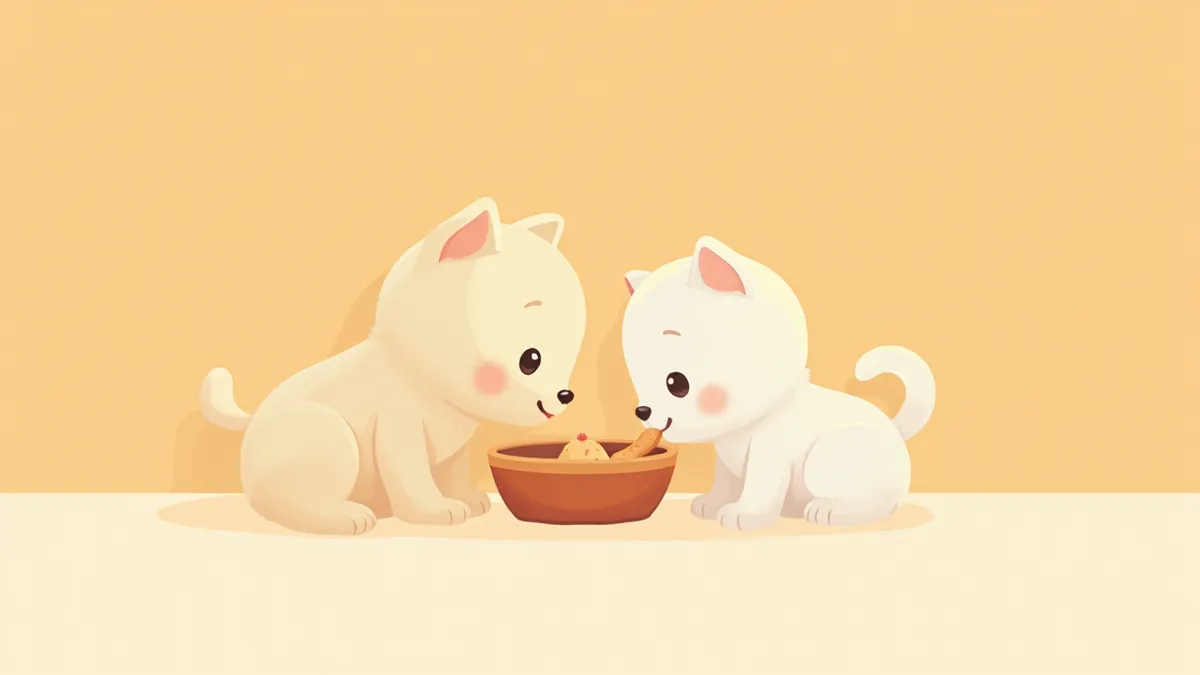 이유식을 처음 먹는 새끼 강아지와 고양이