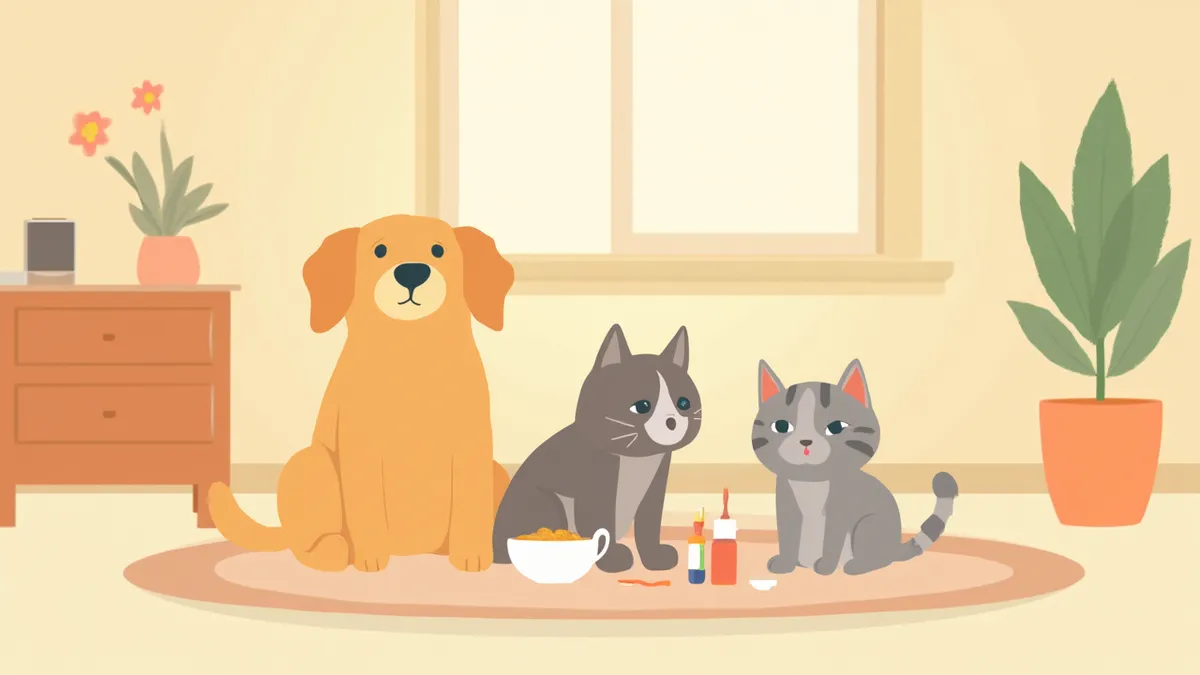 주간 양치 준비물을 정리하는 보호자와 옆에 앉은 강아지, 고양이