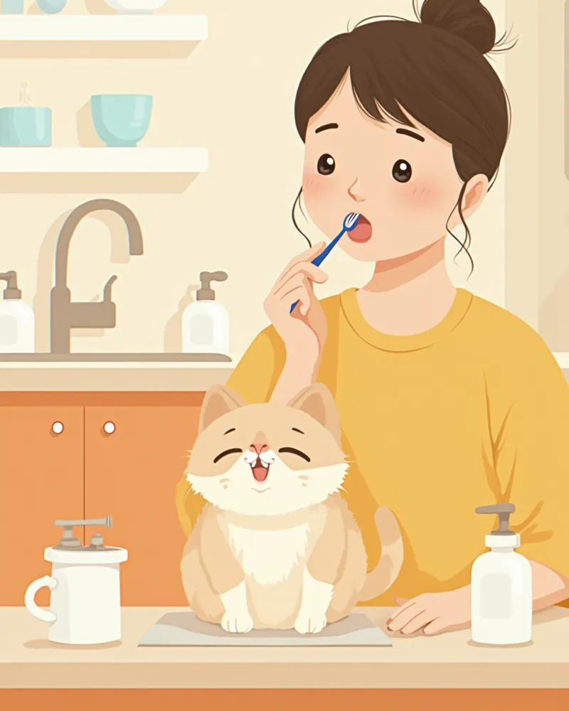 고양이 잇몸에 덴탈 젤을 발라주는 보호자 손