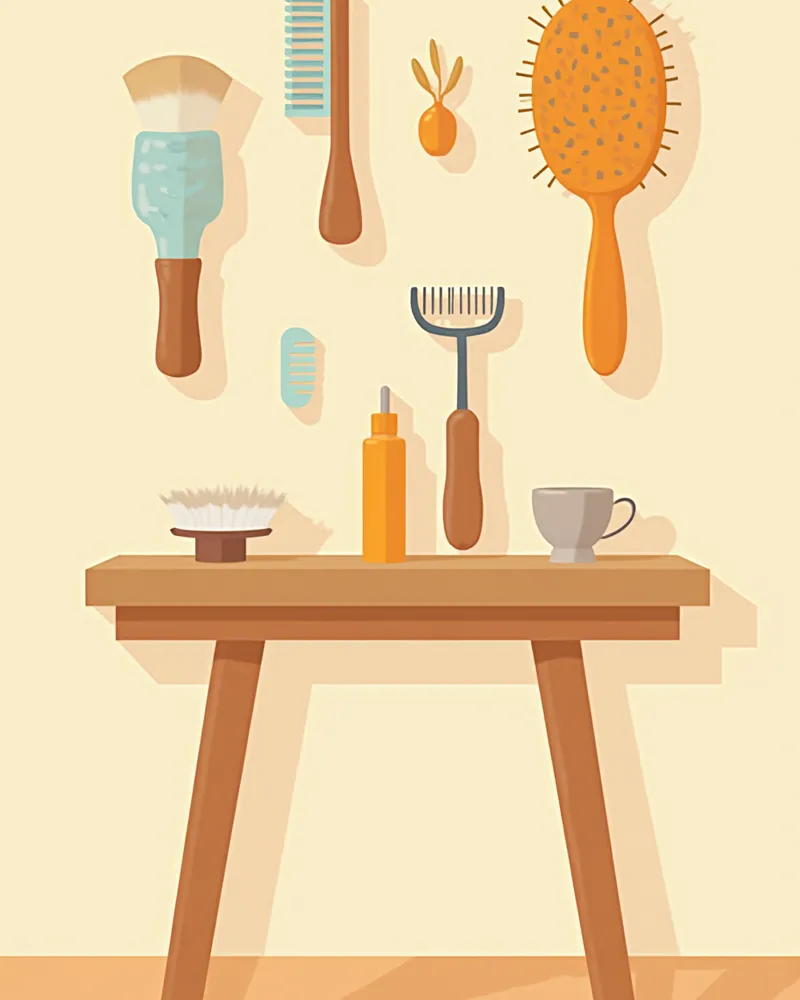 다양한 종류의 반려동물 빗질 도구 모음