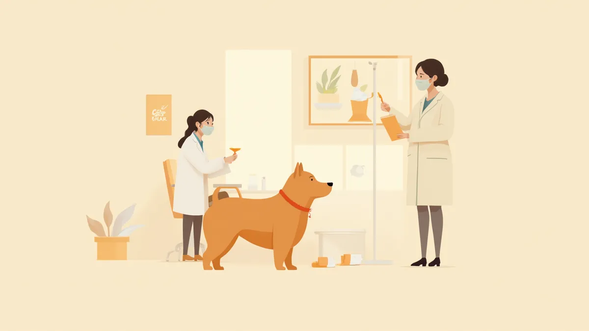 수의사가 보호자에게 체중 감량 처방식 사료를 설명하는 모습