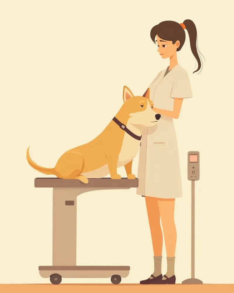 수의사가 비만 강아지의 체중과 체형을 평가하는 모습